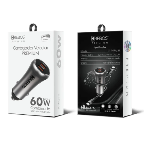 Kit Carregador Veicular Premium HREBOS 60W Usb-C Usb-CB CRV-203CC