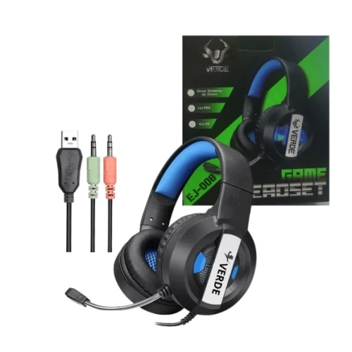 Fone de Ouvido Gamer Headset Verde Driver Dinâmico de 50mm RGB EJ-008